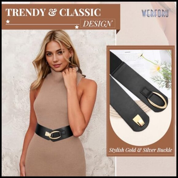 Gold Buckle Wide Elastic Belt Vintage Chic Stretch Waistbelt for Dresses main image 5